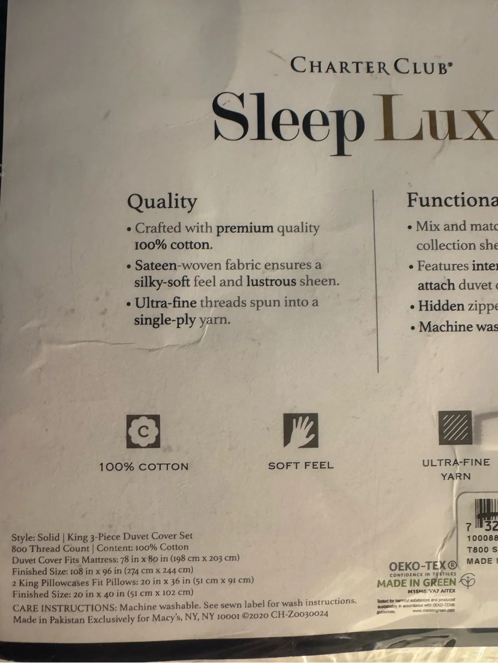 340$Charter Club Sleep Luxe King 3PC Duvet Cover Set .Ultra Fine Yarn.